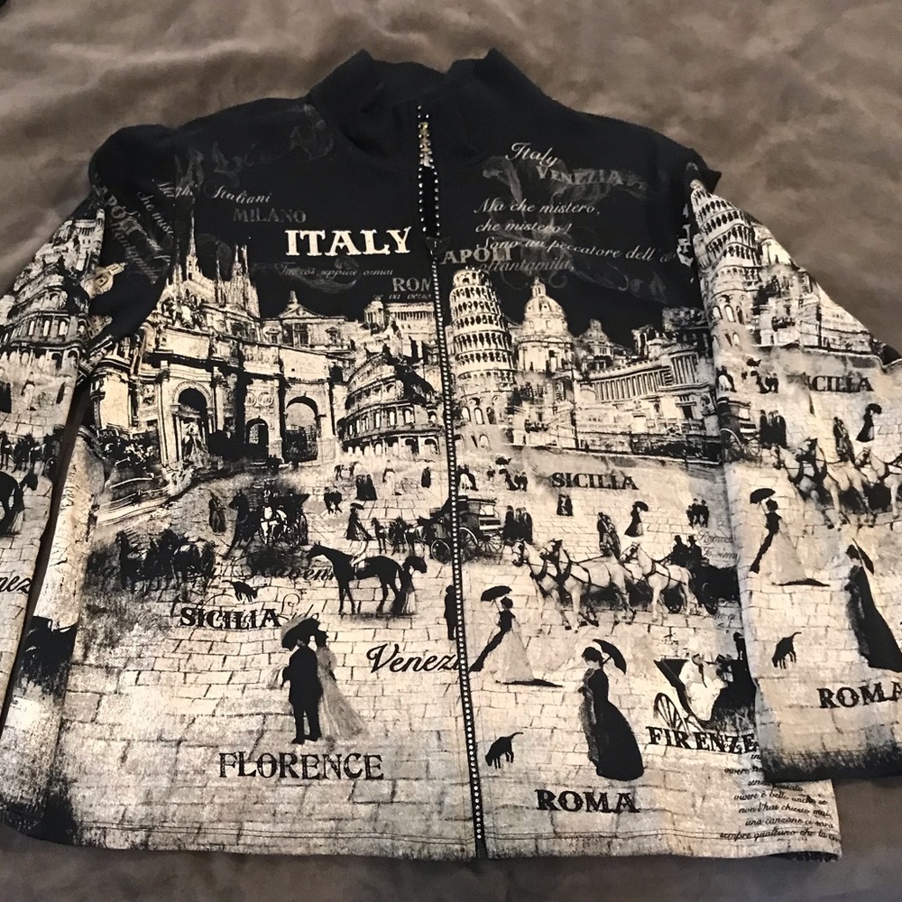 Front zip jacket (“Italy Town Square”)with rhinestone detailing along zipper